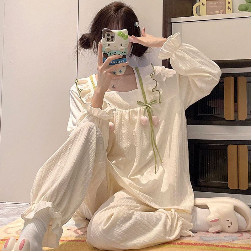 纯棉睡衣女春季套装郁金香家居服