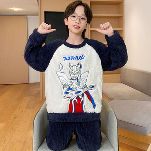儿童睡衣2024新款秋冬男孩宝宝珊瑚绒家居服加绒保暖男童套装冬季