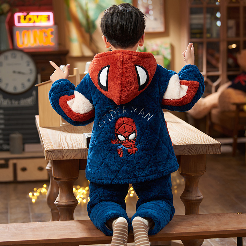 儿童珊瑚绒睡衣加厚三层夹棉男童