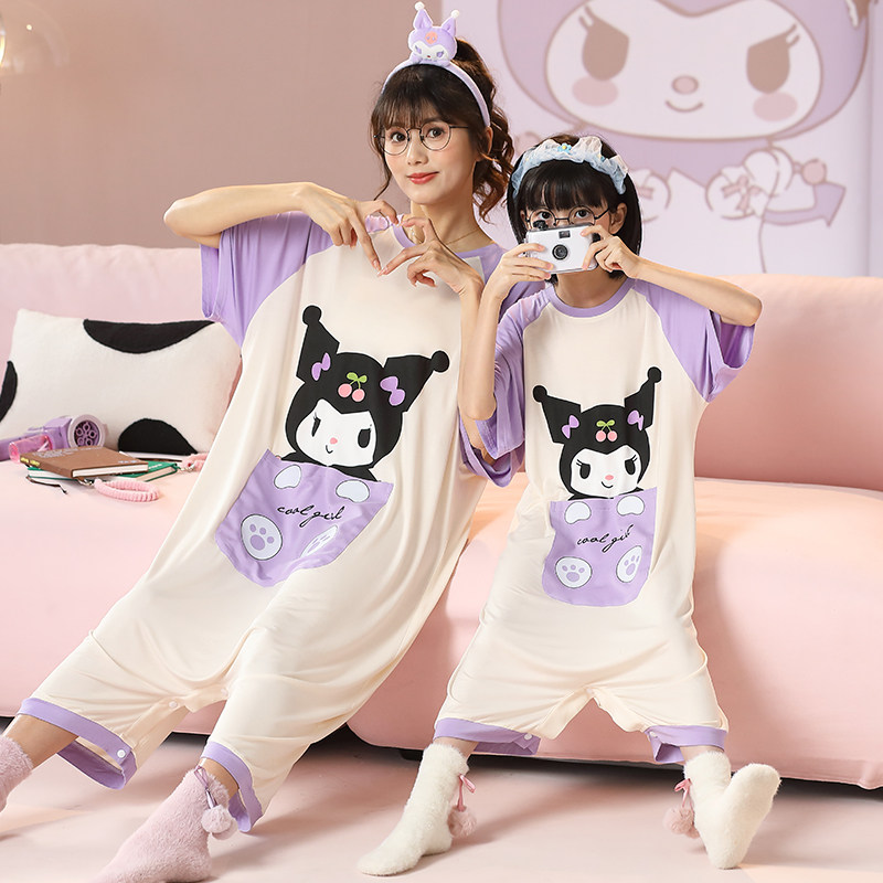 儿童连体睡衣女童夏季莫代尔空调防着凉护肚连体衣母女短袖家居服