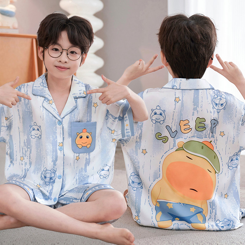 冰丝睡衣男童夏季套装青少年短袖水豚噜噜薄款棉绸套装儿童家居服