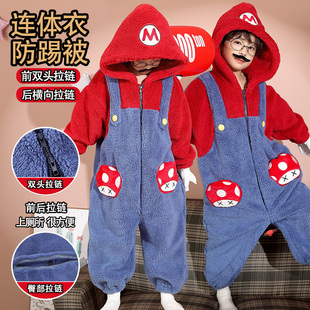 超级玛丽儿童睡衣冬加厚珊瑚绒2025新款小男孩家居服睡袋女童冬装
