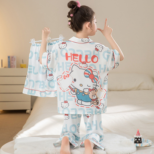 hellokitty睡衣女童短袖三件套冰丝大童2025新款家居服女童夏套装