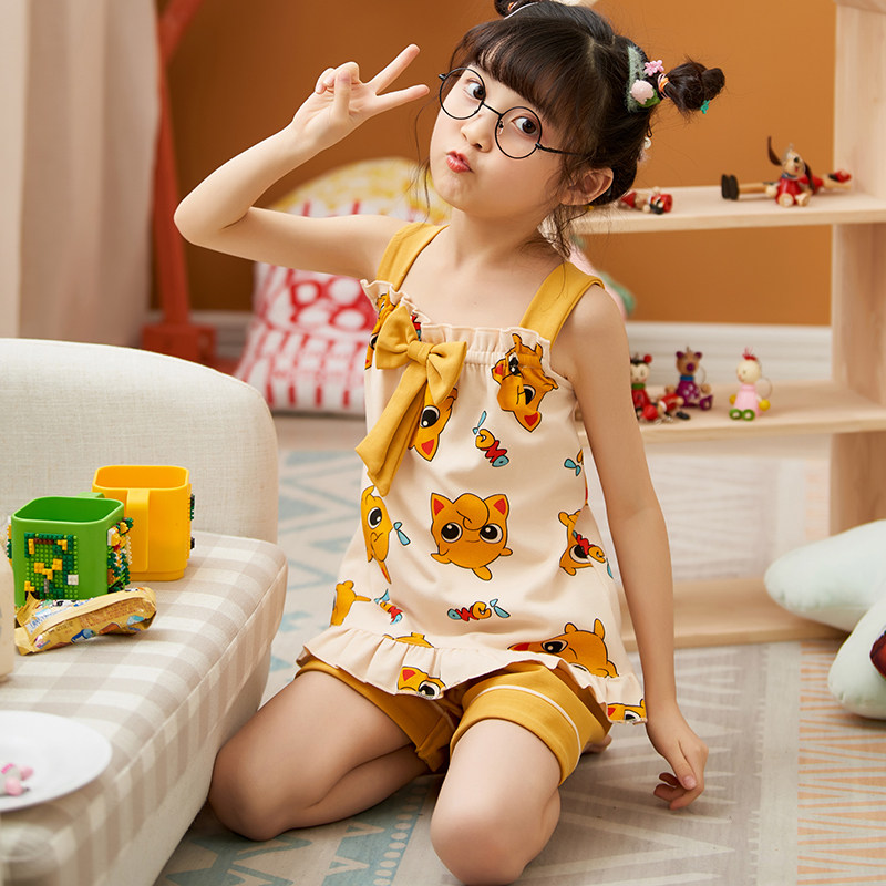 儿童睡衣女孩夏季短袖纯棉薄款背心公主12中大童女15岁家居服套装