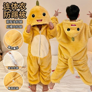 儿童珊瑚绒睡衣冬加厚连体衣中大童家居服男孩奶龙保暖睡袋女童冬