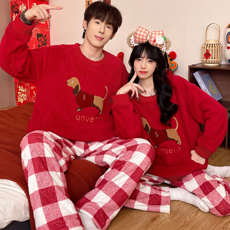 半边绒情侣睡衣女可外穿冬圣诞节