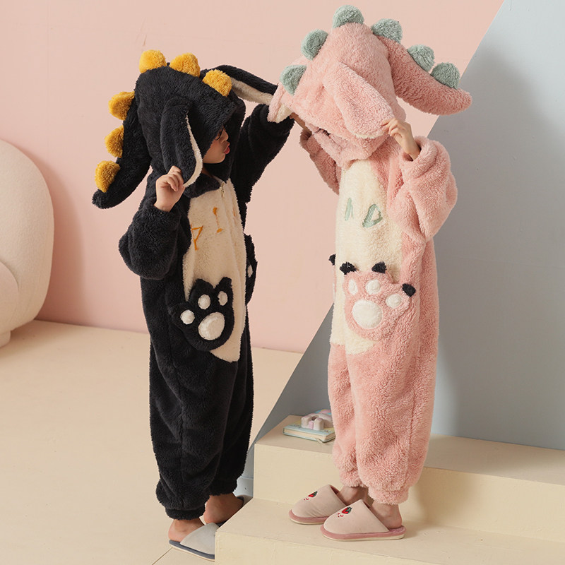 儿童连体睡衣2021新款冬季女童珊瑚绒中大童男孩连体衣连帽家居服