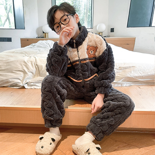 男童法兰绒睡衣加厚款加绒男孩儿童珊瑚绒家居服冬季开衫2023新款