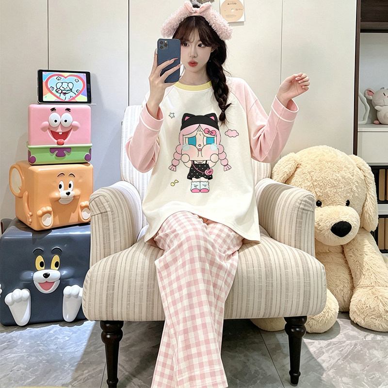 长袖女士睡衣粉格子哭娃衣服洋气