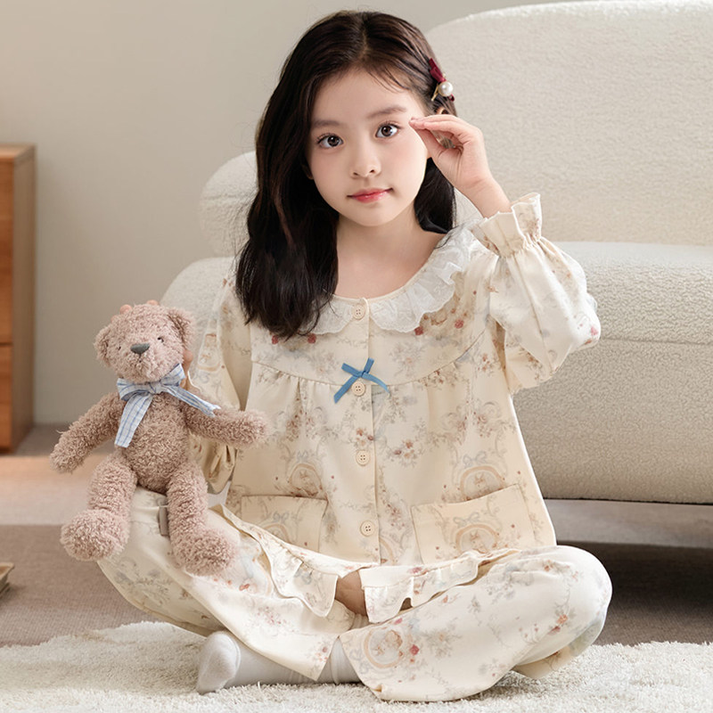 儿童睡衣纯棉布料100全棉开衫蕾丝2026春季可外穿家居服女童套装