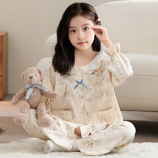 儿童睡衣纯棉布料100全棉开衫蕾丝2026春季可外穿家居服女童套装