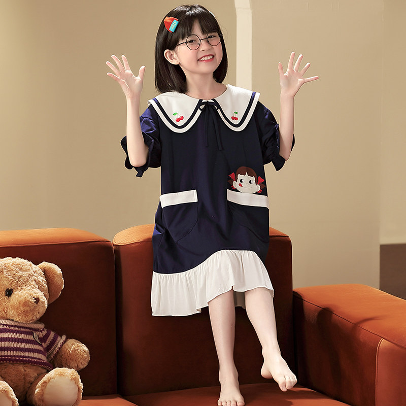 小个子连衣裙夏季新款女童睡裙洋气海军风女孩裙子女学生可爱短袖