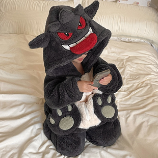 珊瑚绒睡衣女童连体衣加厚保暖冬季耿鬼搞怪家居服宝可梦儿童睡袋