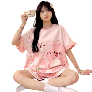 loopy睡衣女款2024新款夏季短袖家居服少女纯棉大码胖mm夏装套装