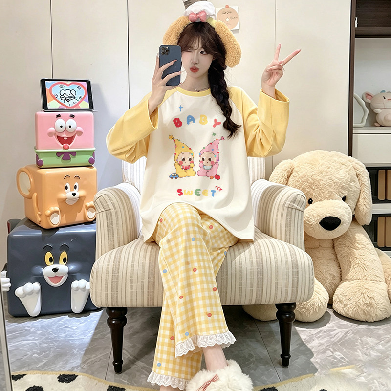 女童睡衣秋冬套装2026新款初中生带胸垫儿童纯棉中大童家居服女孩