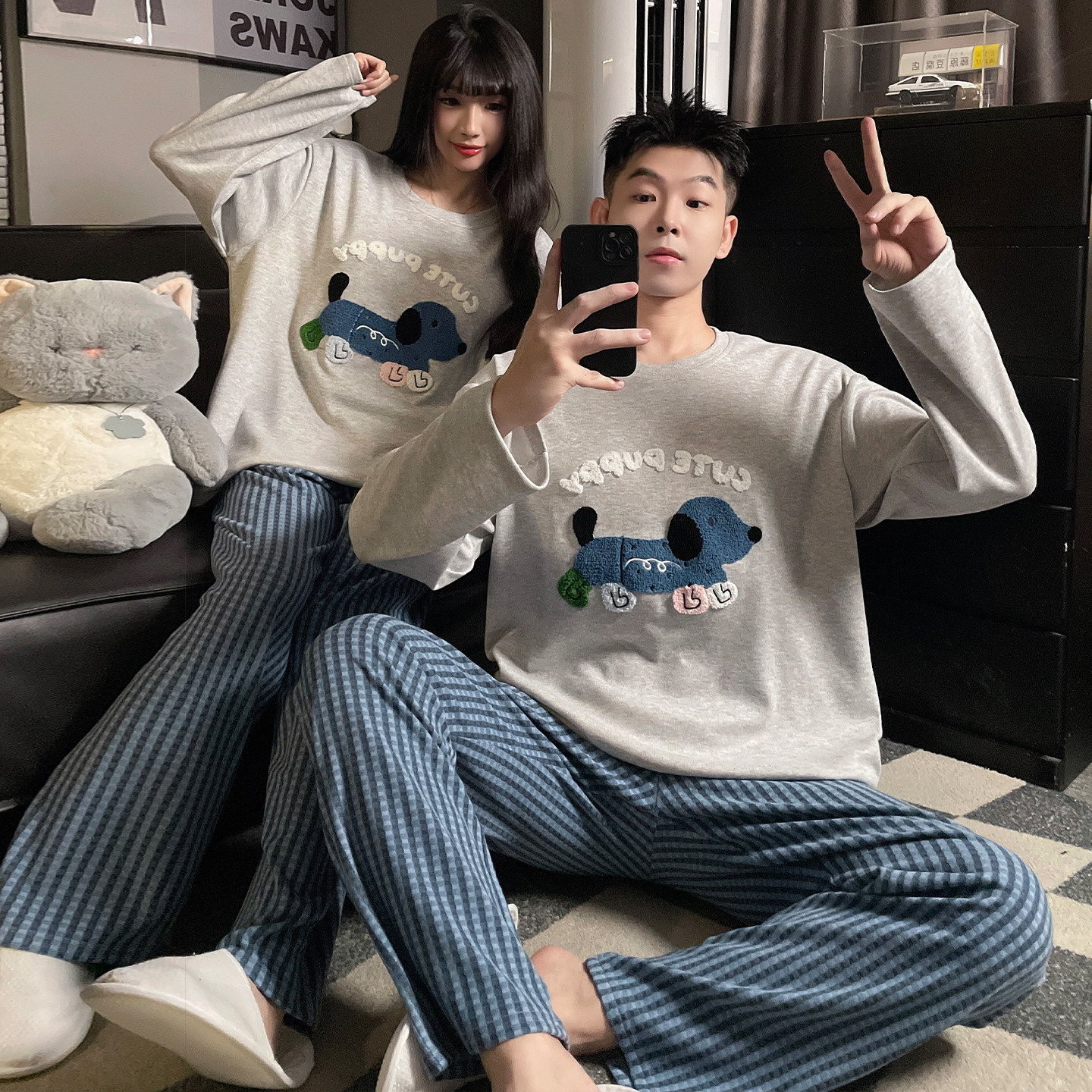羊桑绒情侣睡衣女带胸垫秋冬套装