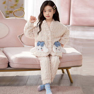 儿童睡衣冬装2025新款珊瑚绒套装女童上衣加绒裤子秋冬女孩家居服