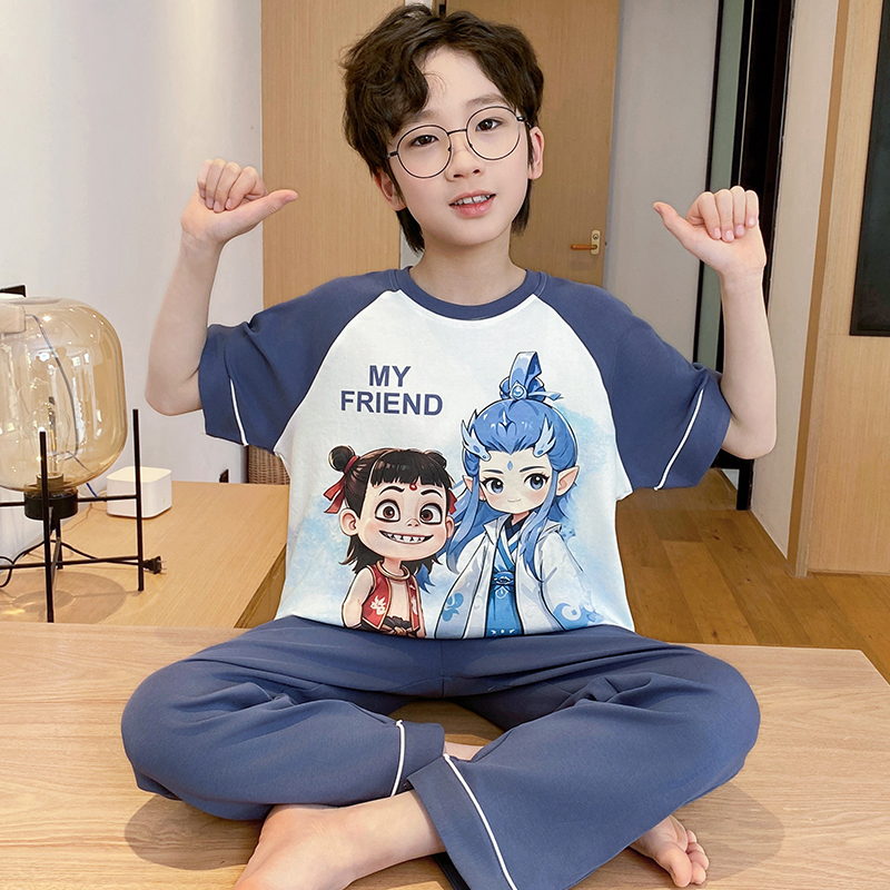儿童睡衣套装夏季纯棉薄款宝宝空调服男孩哪吒2025新款男童家居服