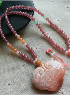 粉红色珊瑚玉如意毛衣链雕件吊坠