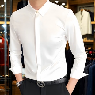 修身 男士 丝光棉高端金隐藏扣抗皱商务衬衣丝滑弹力 衬衫 高级感长袖