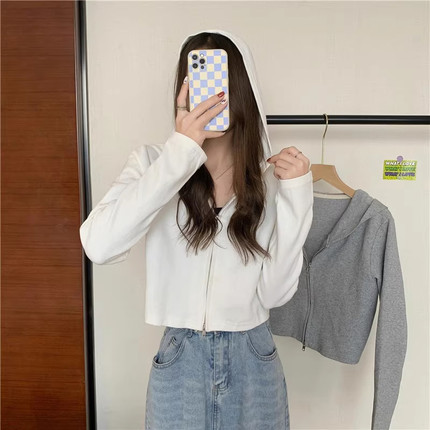 超火cec开衫连帽卫衣外套女秋冬小众设计感宽松短款拉链上衣潮ins