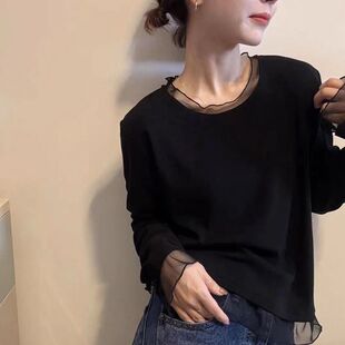 网纱花边拼接长袖t恤女秋冬蕾丝打底衫高级感洋气保暖内搭上衣服