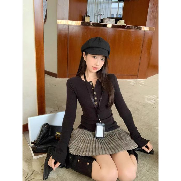 韩系复古德绒半开领长袖T恤女