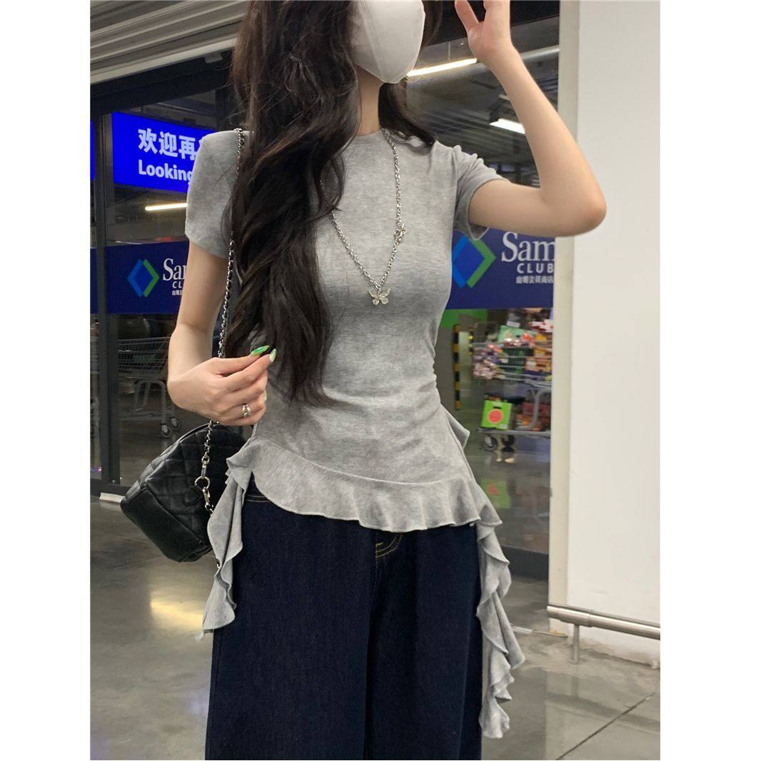 韩系设计感不规则荷叶边飘带上衣女夏季新款修身显瘦扎染短袖T恤