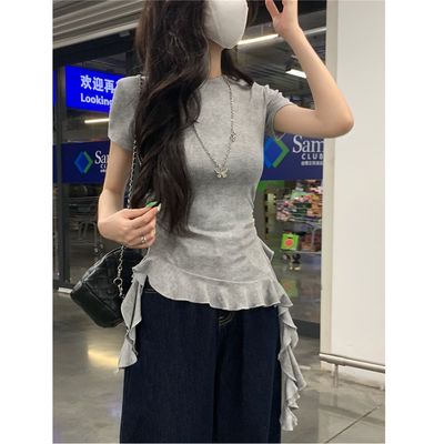 韩系设计感不规则荷叶边飘带上衣