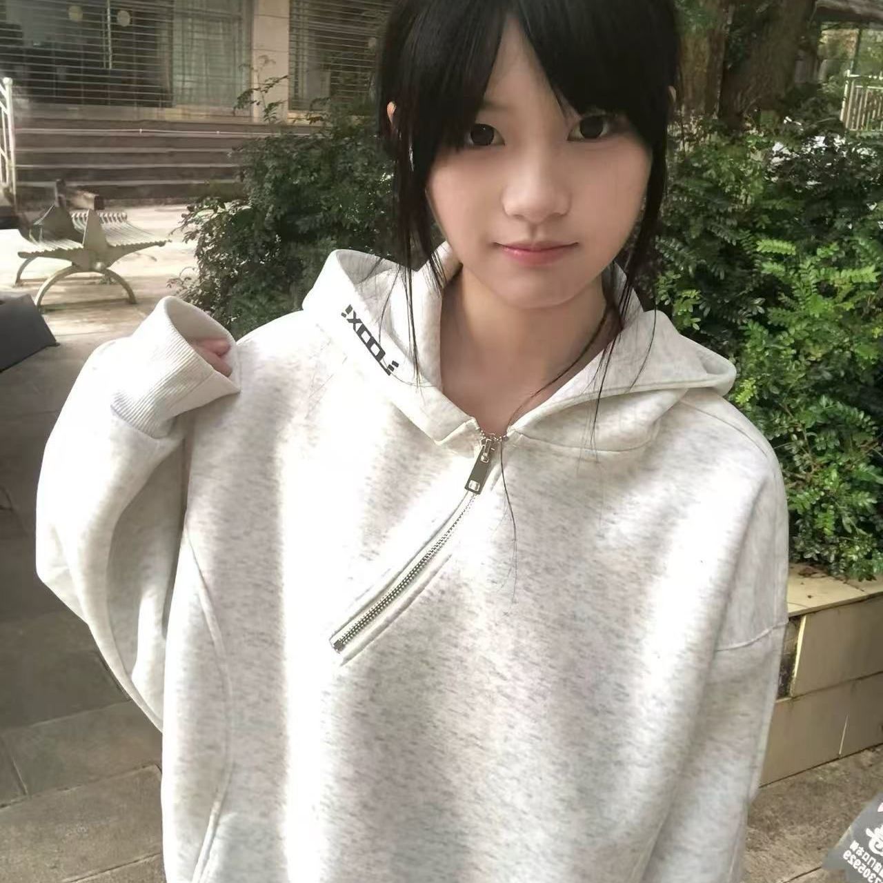 字母刺绣拉链重磅帽衫卫衣女