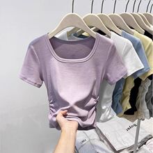 紫色辣妹正肩短袖t恤女夏季新款韩版方领修身纯色收腰短款上衣服