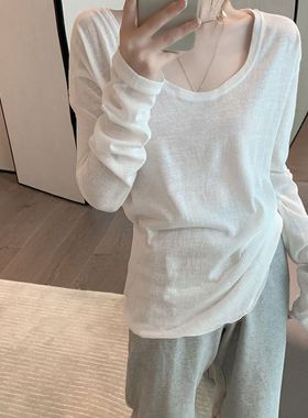 低领白色打底衫女内搭薄款春秋2025年新款宽松韩版长袖T恤上衣