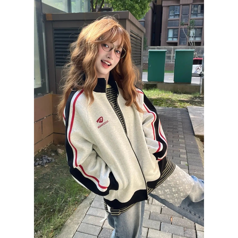 美式高街撞色立领卫衣外套女春秋