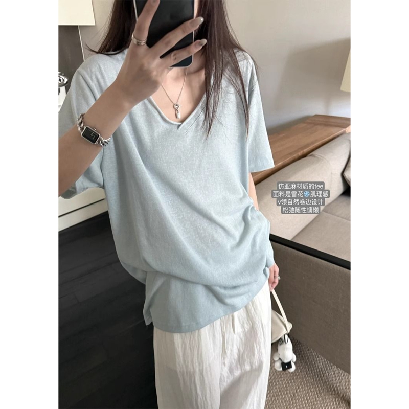 蓝色宽松慵懒v领短袖t恤女设计感