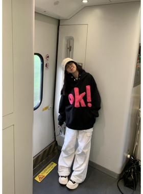 美式高街OK字母连帽卫衣女早春3D立体设计感宽松oversize外套上衣