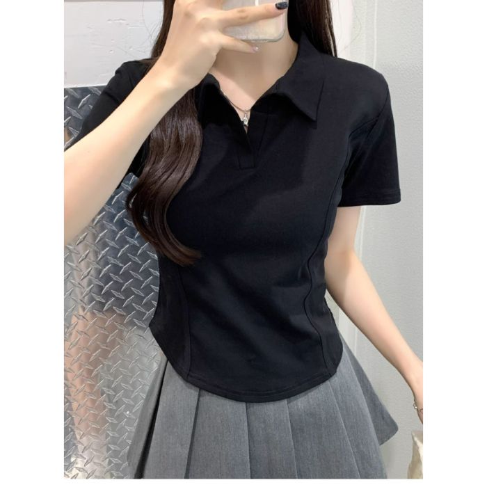 复古港味弧形下摆修身短袖polo衫