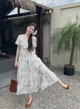 MOBAI默白【花海】法式复古大摆蕾丝拼接印花收腰连衣裙度假长裙