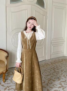 MOBAI默白【清仓5折】法式复古灯芯绒刺绣显瘦背心裙无袖连衣裙女