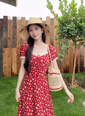 MOBAI默白【浪漫微醺】法式红色碎花连衣裙女夏季度假风显瘦长裙