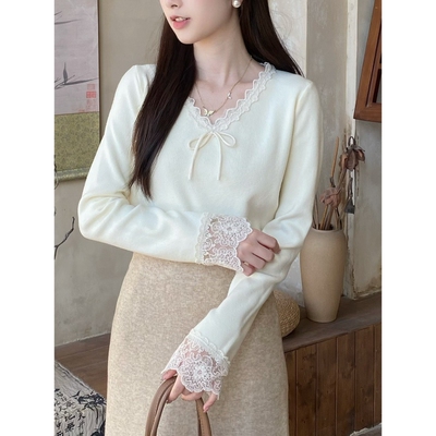 针织蕾丝打底衫V领显瘦内搭上衣