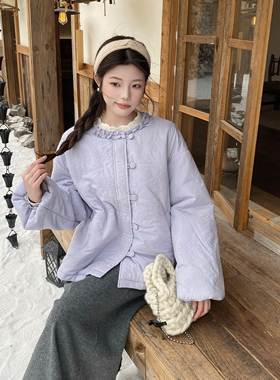 MOBAI自制 [云云紫]圆领刺绣新中式棉服冬季保暖宽松棉麻外套女