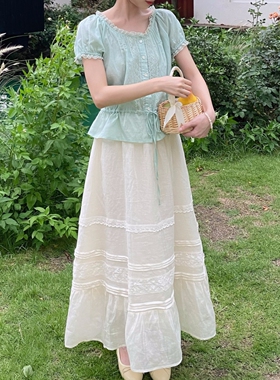 MOBAI默白【杏花溪】复古苎麻蕾丝拼接半身裙女高腰显瘦a字长裙
