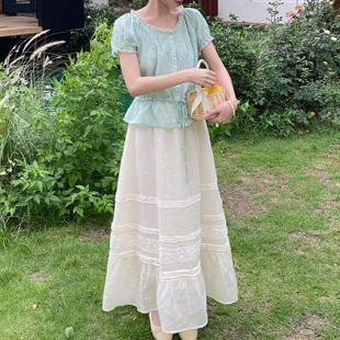 MOBAI默白【杏花溪】复古苎麻蕾丝拼接半身裙女高腰显瘦a字长裙