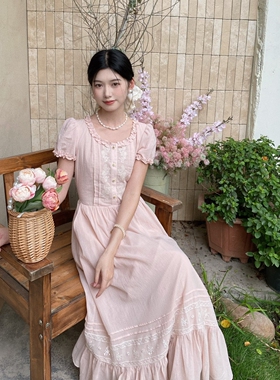 MOBAI自制【粉黛】复古宫廷风刺绣连衣裙女夏季温柔收腰仙女长裙