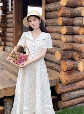 MOBAI默白【夏日长梦】法式复古翻领碎花连衣裙女夏季显瘦长裙子