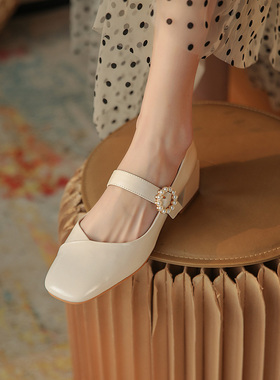 粗跟单鞋女春夏百搭真皮法式复古舒适白色方头高跟一字扣玛丽珍鞋