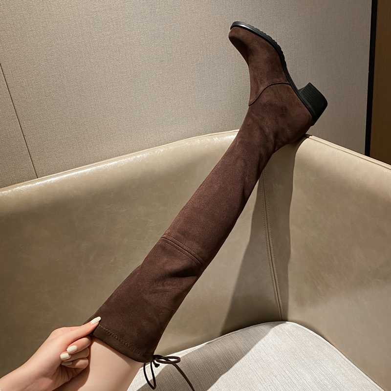 真皮2025年秋冬新款弹力过膝靴粗跟长靴长筒靴瘦瘦靴尖头百搭咖色