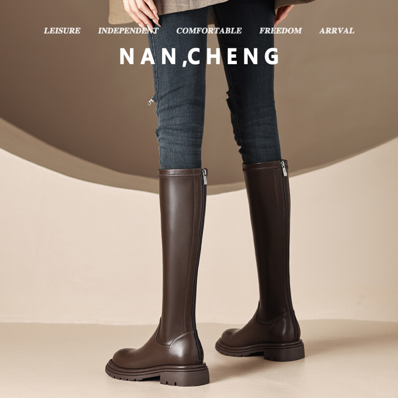 全牛皮厚底骑士靴女高筒2025秋冬新款复古后拉链显瘦不过膝长筒靴