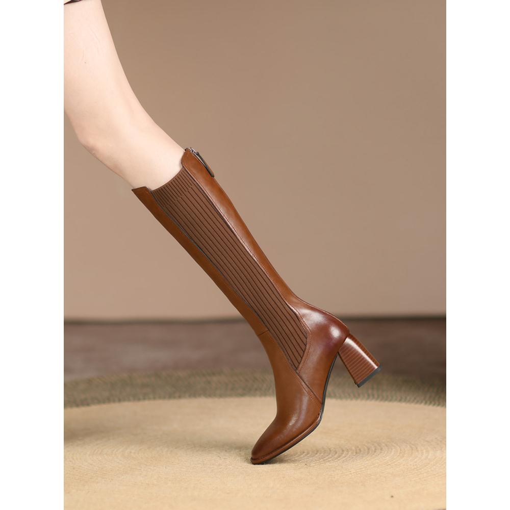 真皮弹力瘦瘦靴长靴女2025年新款冬款粗跟复古棕色袜子高筒长筒靴