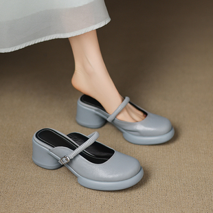 巨舒服超软小羊皮包头拖鞋外穿2025新款粗跟凉拖真皮高跟女鞋子夏